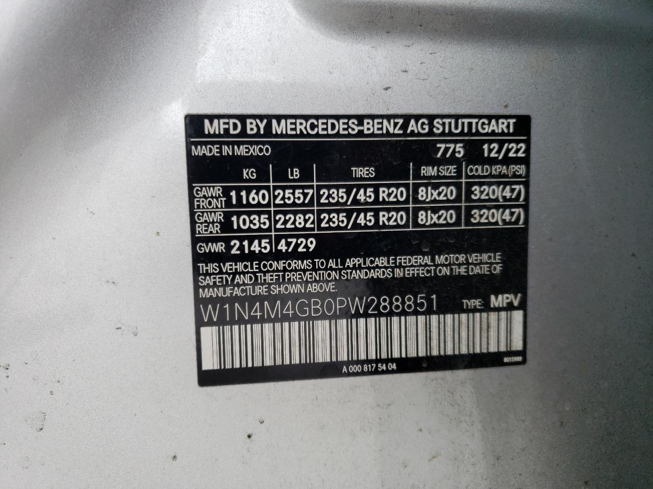 2023 MERCEDES-BENZ GLB 250 VIN:W1N4M4GB0PW288851