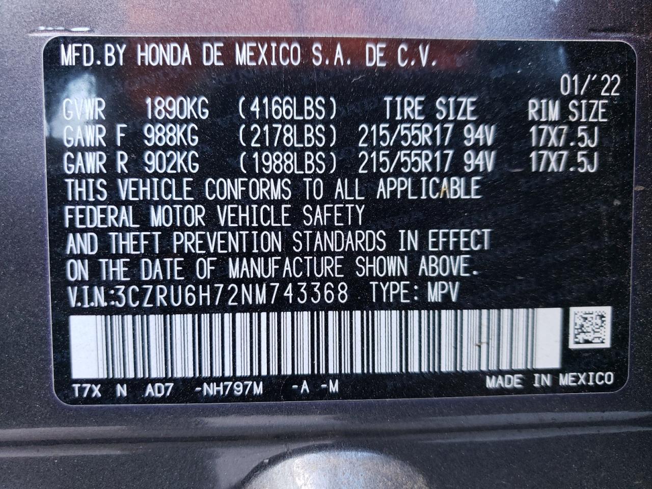 2022 HONDA HR-V EXL VIN:3CZRU6H72NM743368