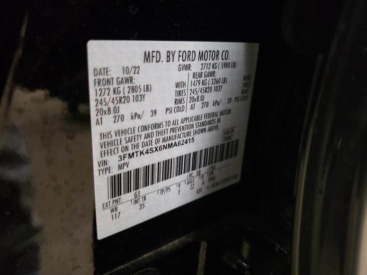2022 FORD MUSTANG MACH-E GT VIN:3FMTK4SX6NMA62415