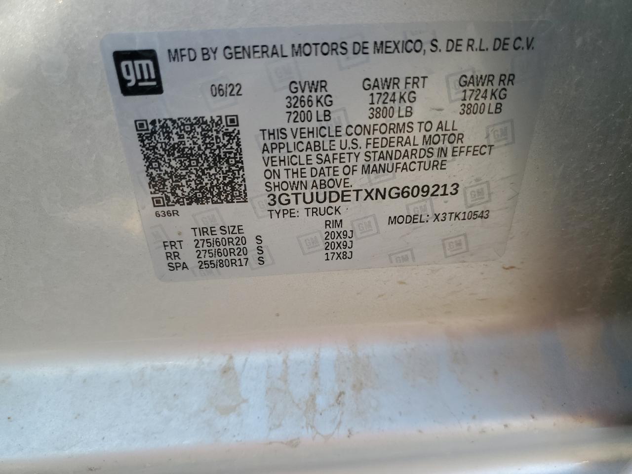 2022 GMC SIERRA K1500 SLT VIN:3GTUUDETXNG609213