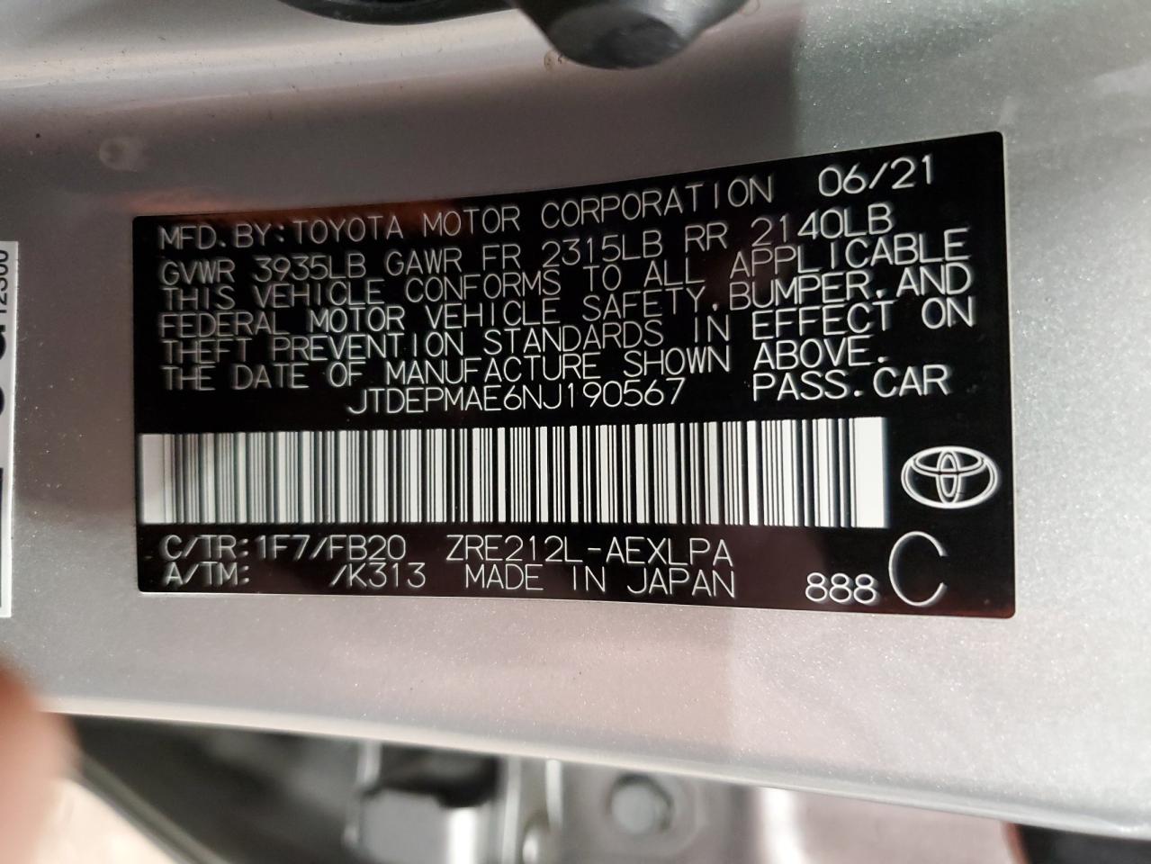 2022 TOYOTA COROLLA LE VIN:JTDEPMAE6NJ190567