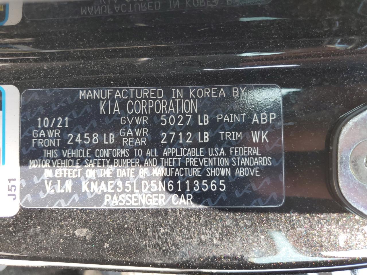 2022 KIA STINGER GT LINE VIN:KNAE35LD5N6113565