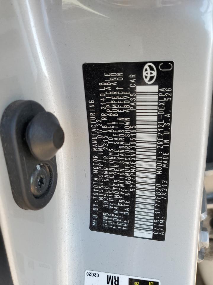 2022 TOYOTA COROLLA LE VIN:5YFEPMAEXNP305165