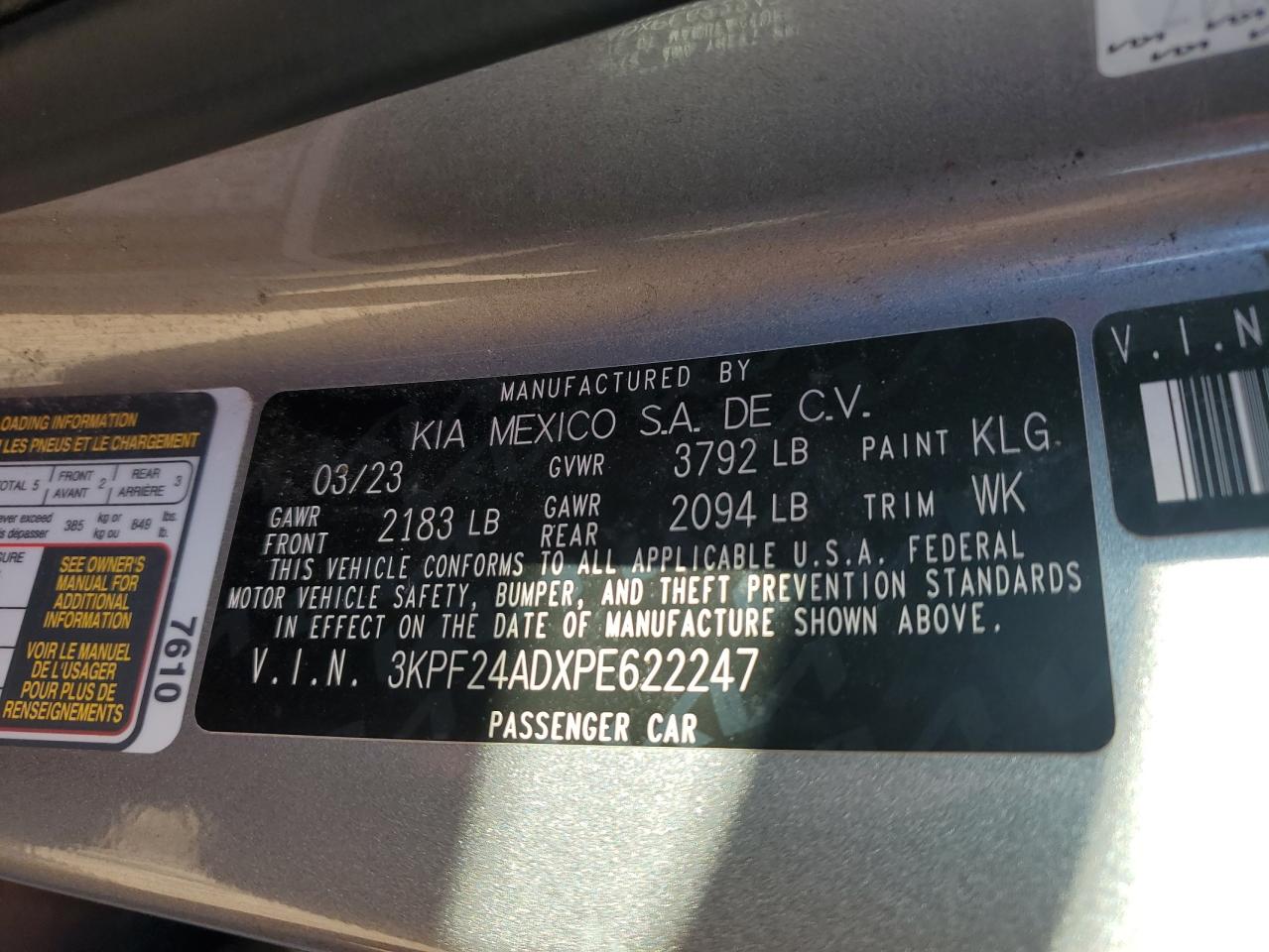 2023 KIA FORTE LX VIN:3KPF24ADXPE622247