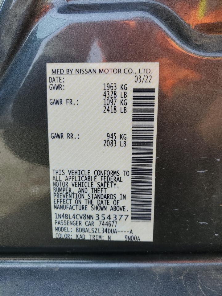 2022 NISSAN ALTIMA SR VIN:1N4BL4CV8NN354377