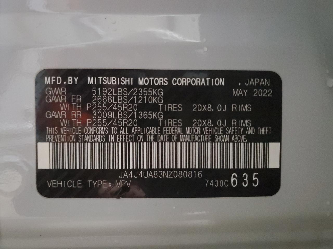 2022 MITSUBISHI OUTLANDER SE VIN:JA4J4UA83NZ080816
