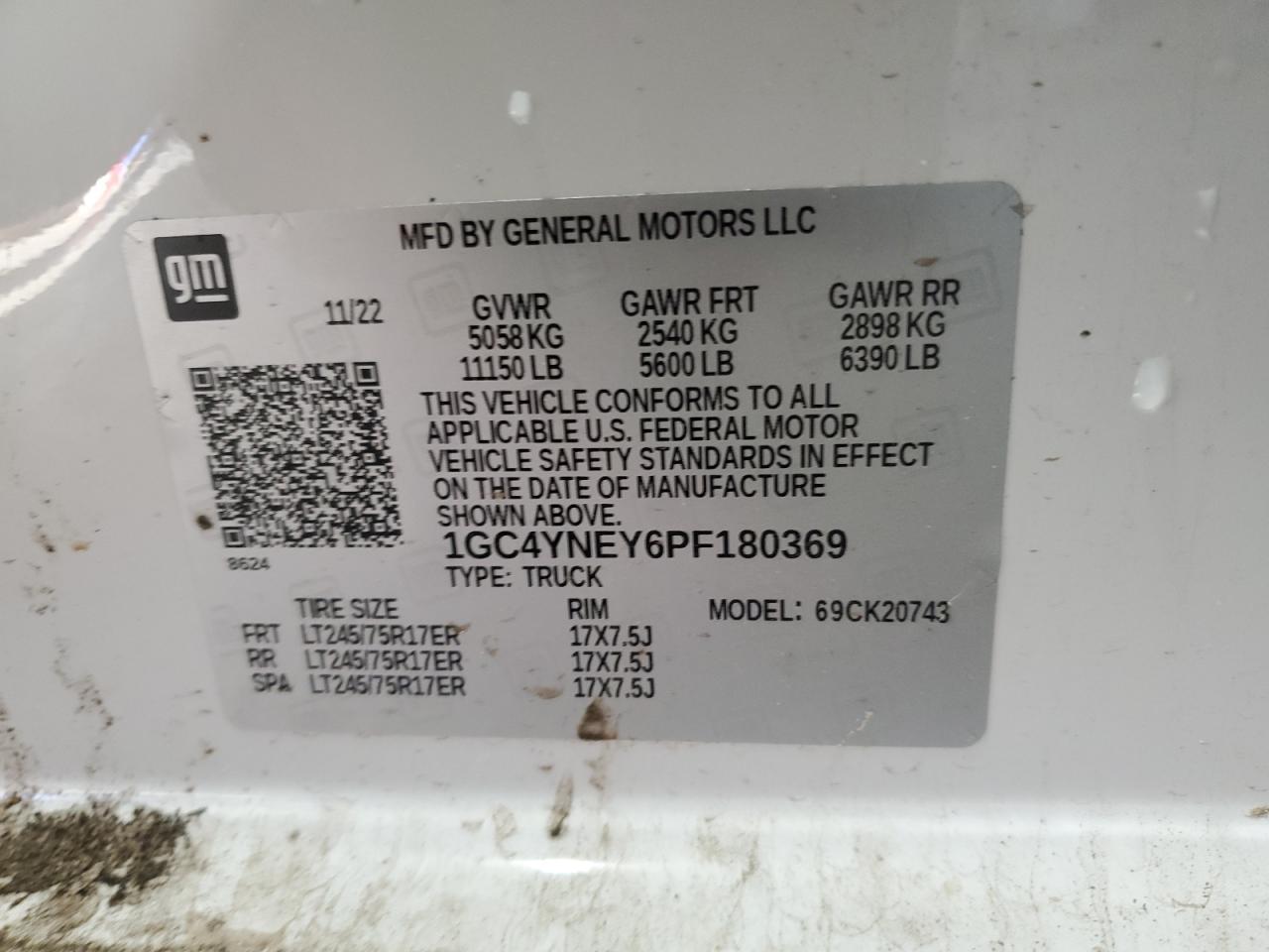 2023 CHEVROLET SILVERADO K2500 HEAVY DUTY LT VIN:1GC4YNEY6PF180369