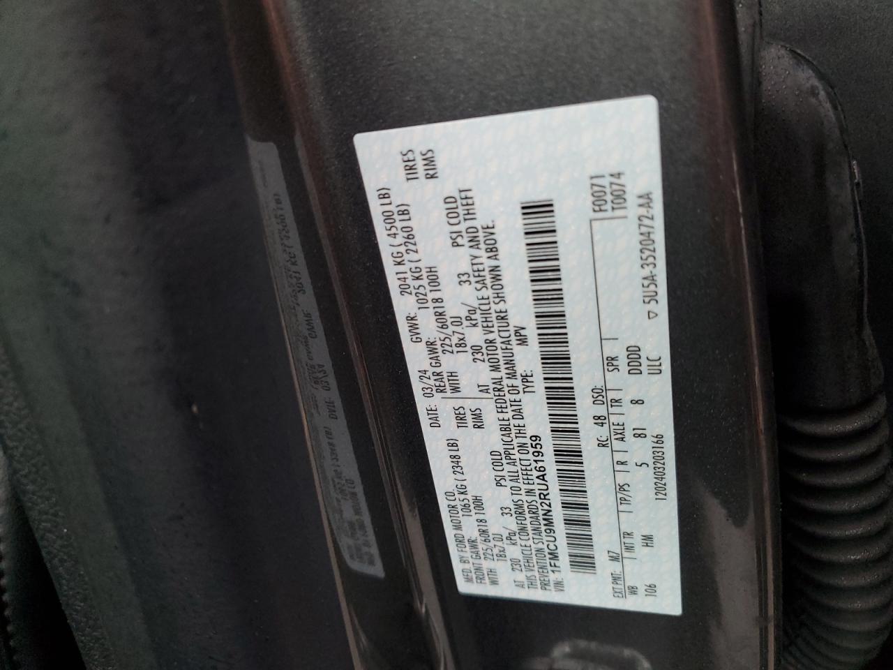 2024 FORD ESCAPE ST LINE VIN:1FMCU9MN2RUA61959