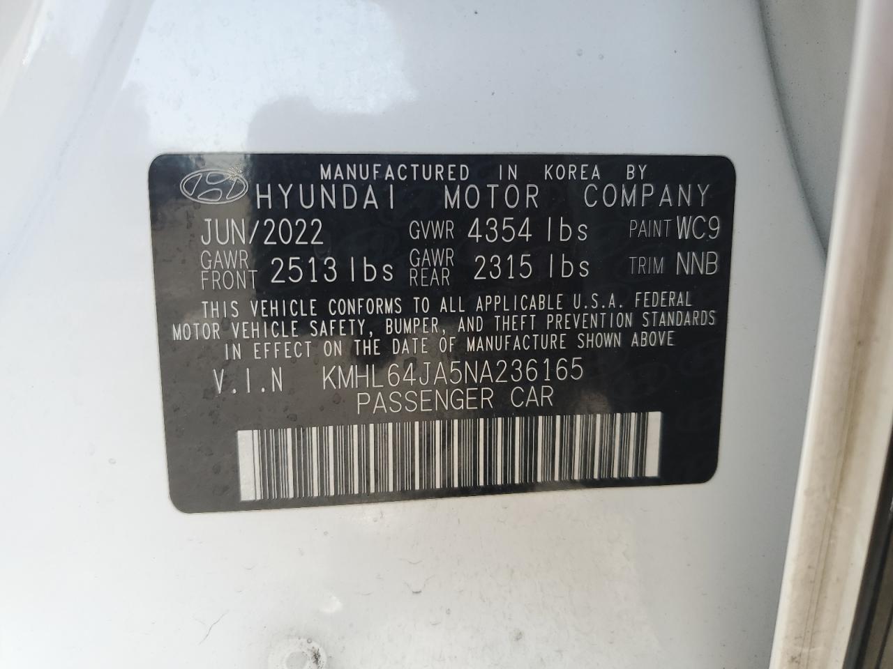 2022 HYUNDAI SONATA SEL VIN:KMHL64JA5NA236165