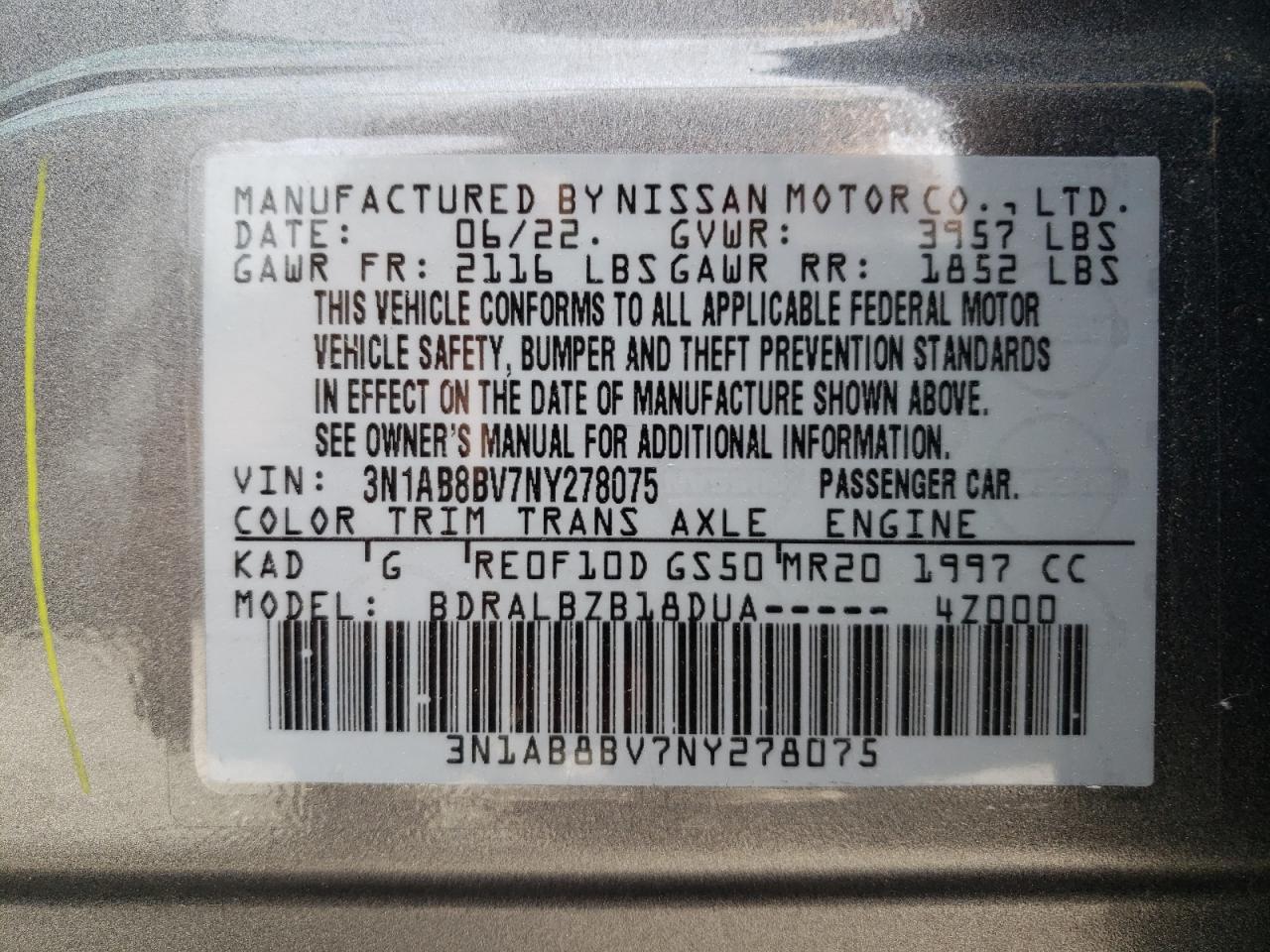 2022 NISSAN SENTRA S VIN:3N1AB8BV7NY278075