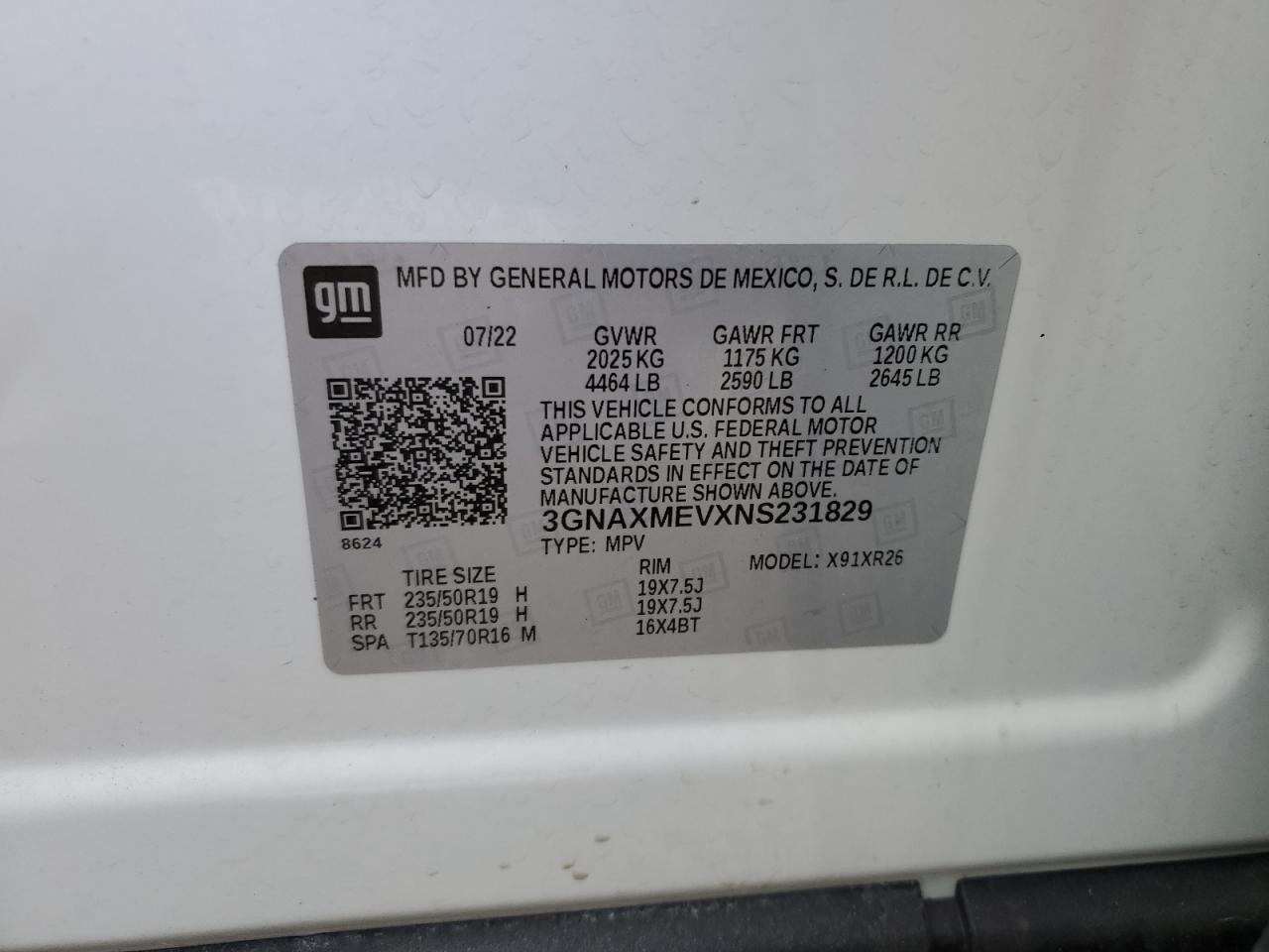 2022 CHEVROLET EQUINOX RS VIN:3GNAXMEVXNS231829