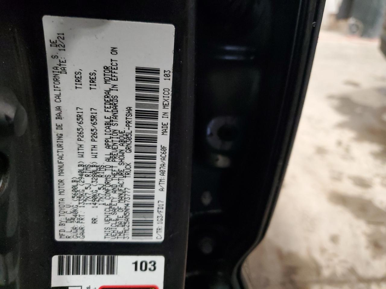 2022 TOYOTA TACOMA DOUBLE CAB VIN:3TMCZ5AN5NM473777