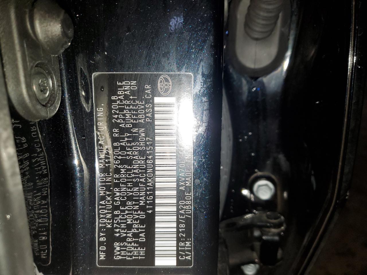 2022 TOYOTA CAMRY SE VIN:4T1G11AK0NU641517