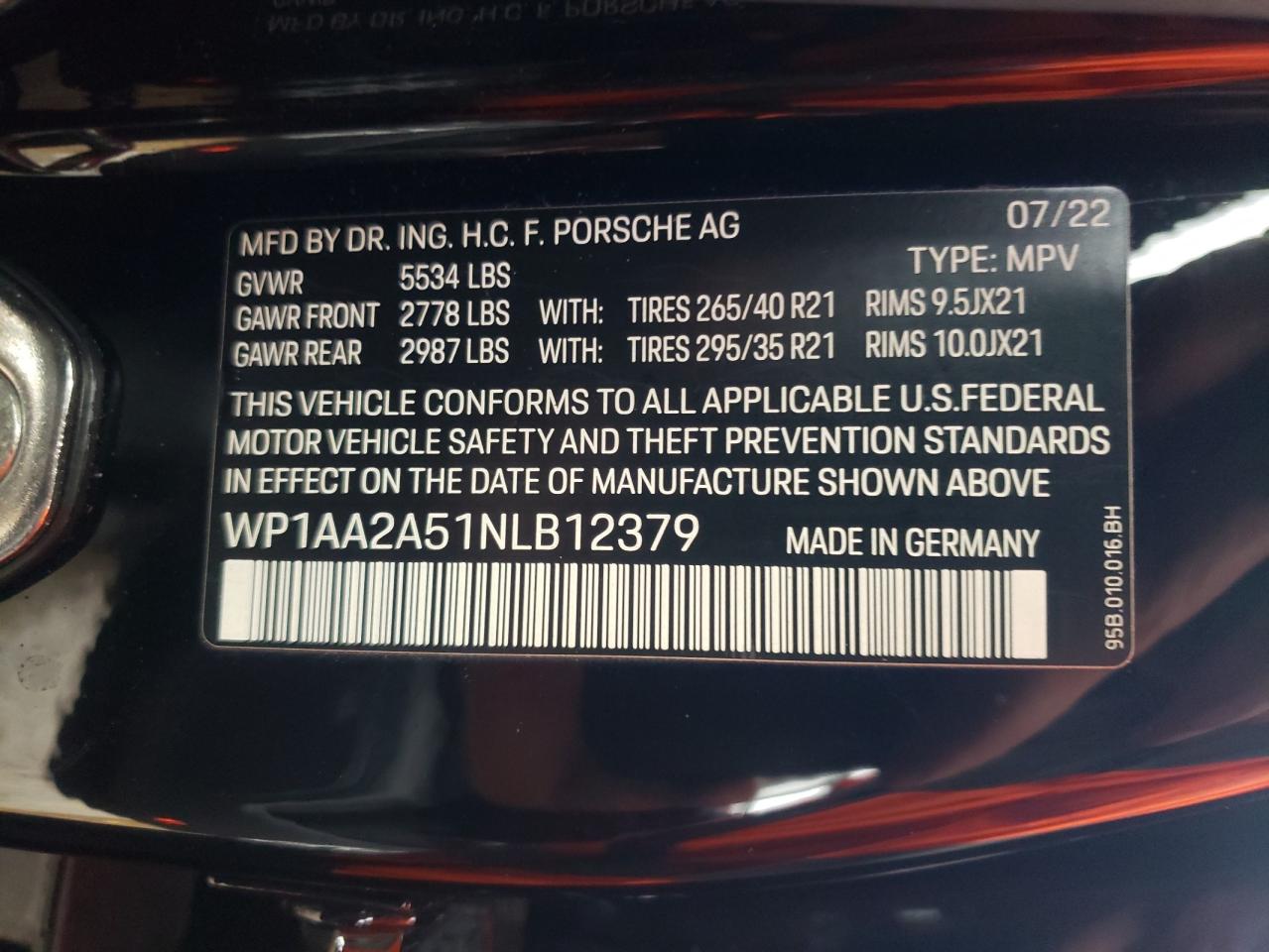 2022 PORSCHE MACAN  VIN:WP1AA2A51NLB12379