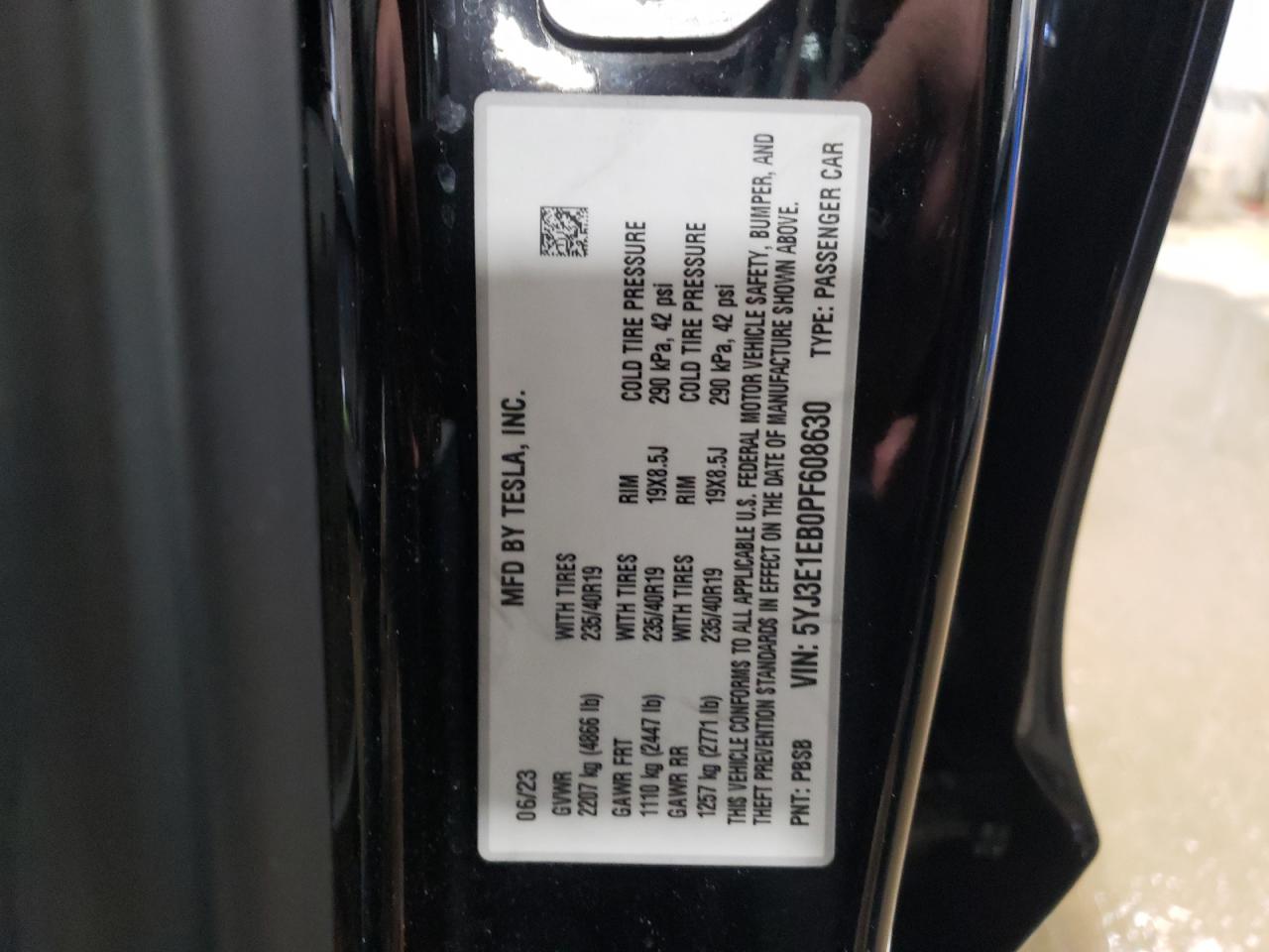 2023 TESLA MODEL 3  VIN:5YJ3E1EB0PF608630