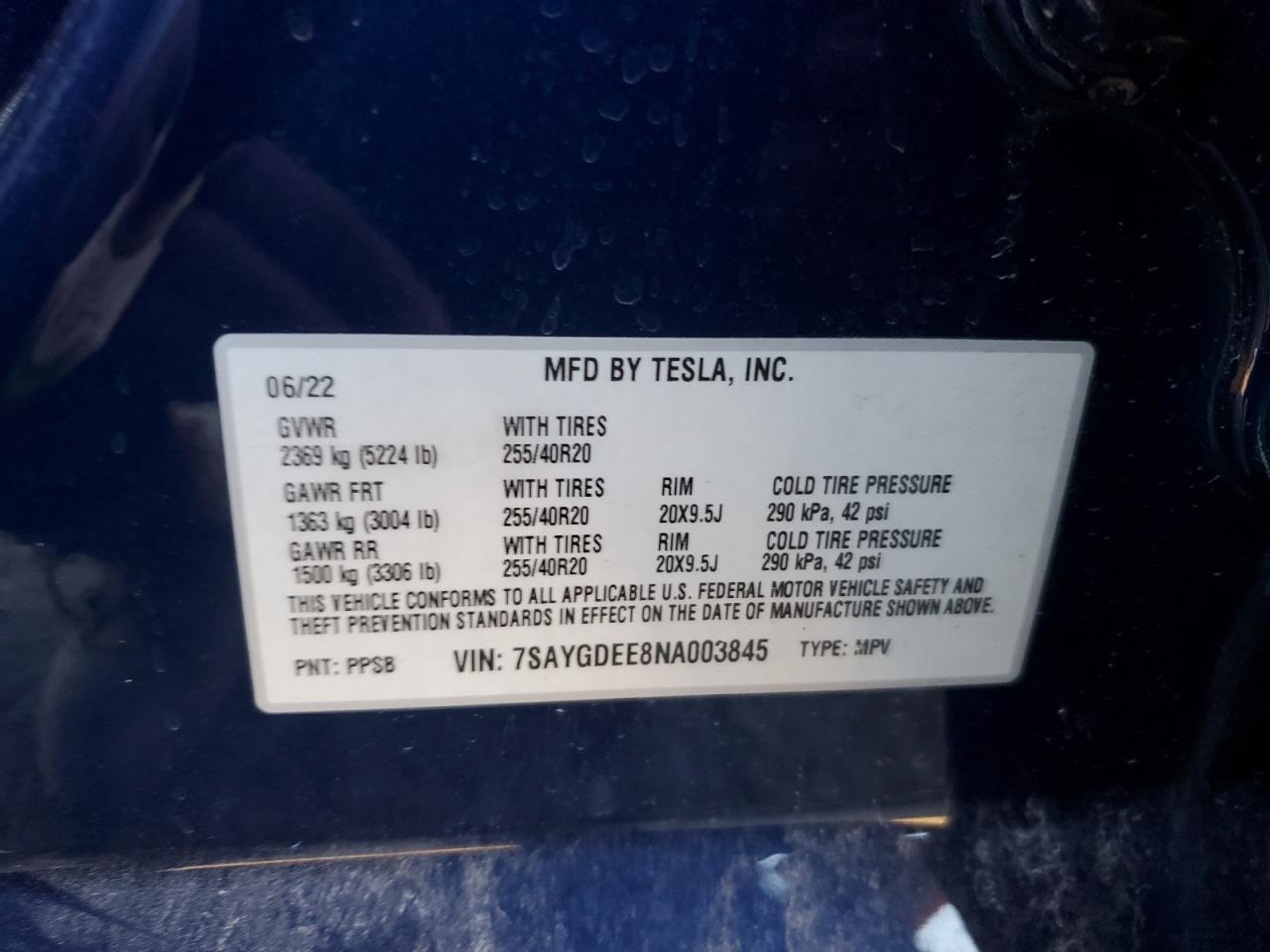 2022 TESLA MODEL Y  VIN:7SAYGDEE8NA003845