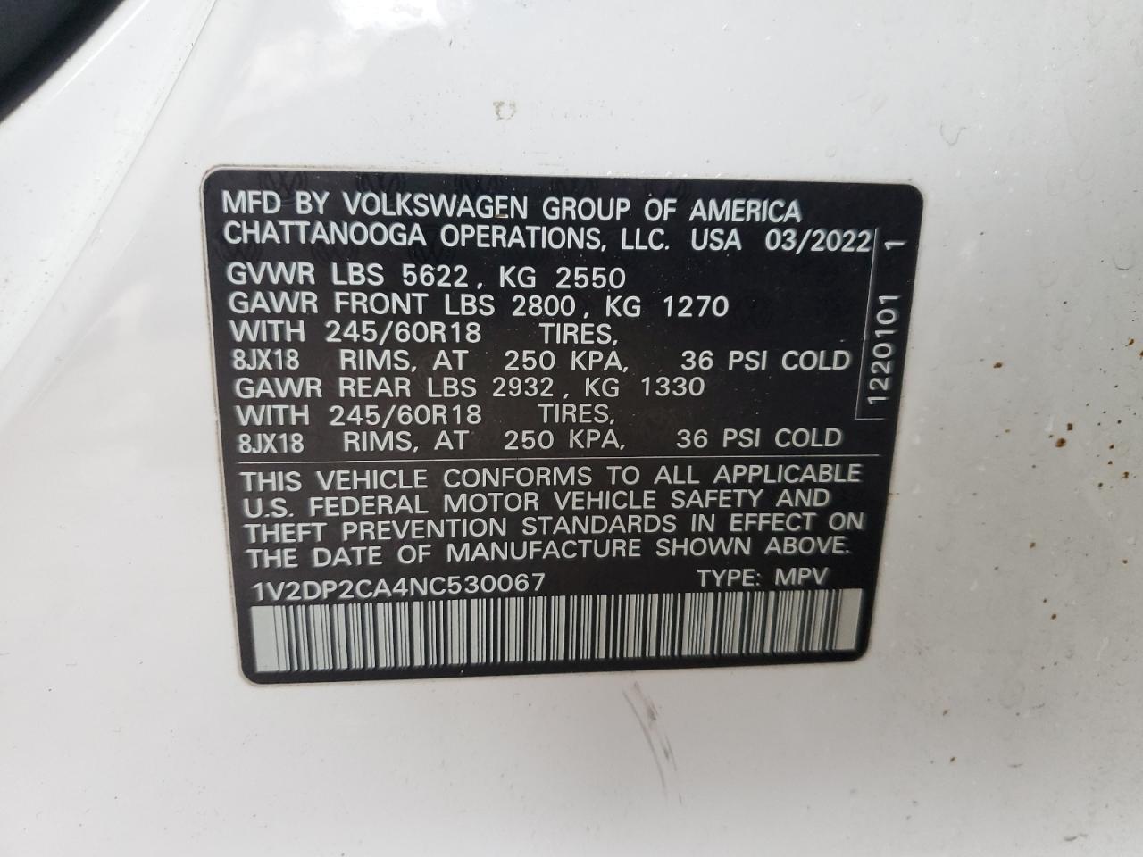 2022 VOLKSWAGEN ATLAS SE VIN:1V2DP2CA4NC530067