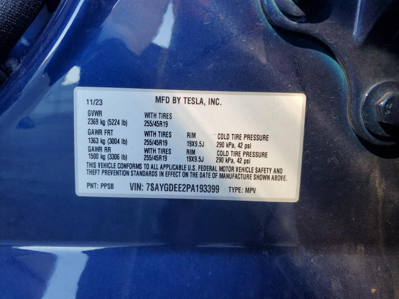 2023 TESLA MODEL Y  VIN:7SAYGDEE2PA193399