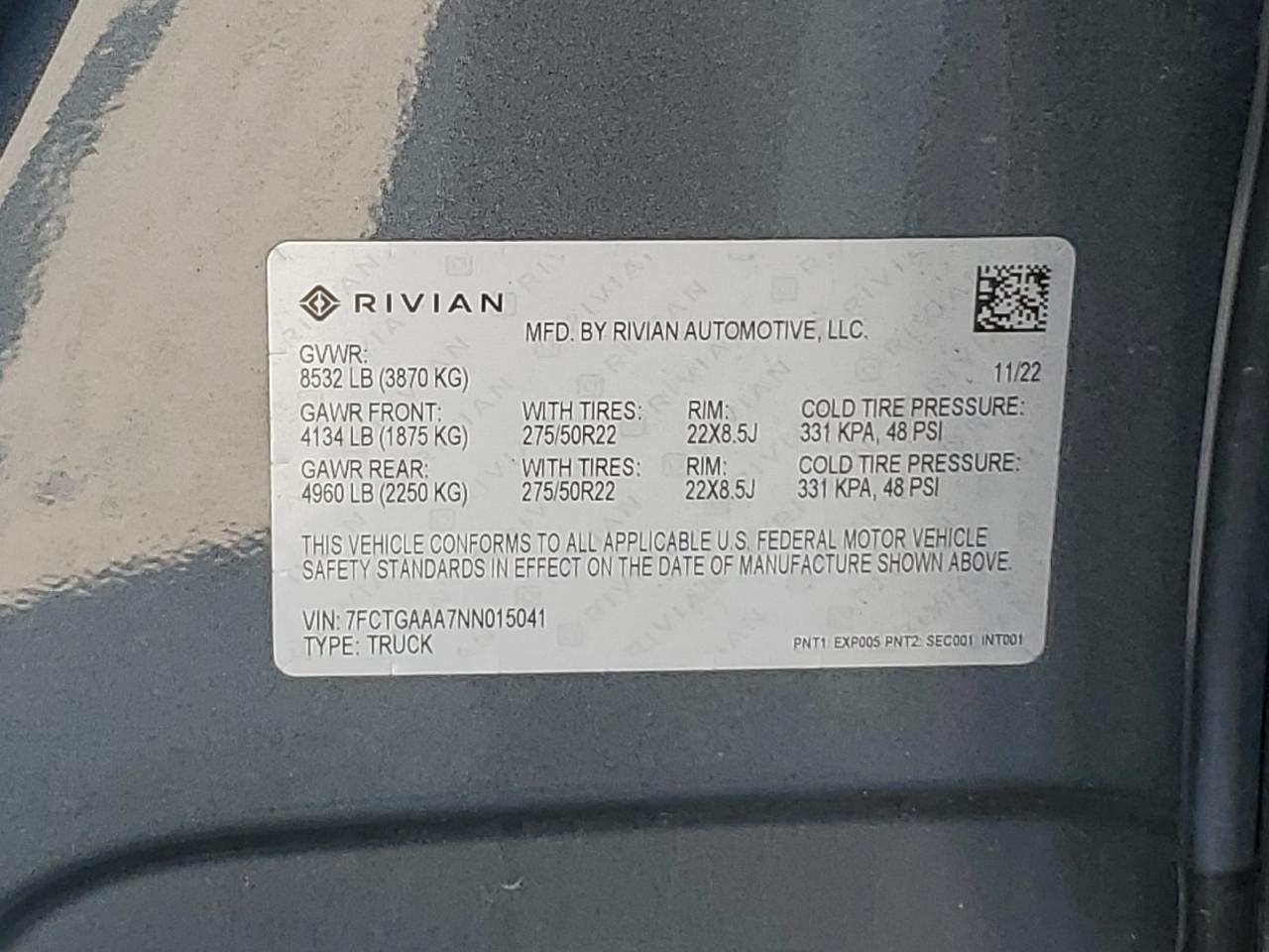 2022 RIVIAN R1T ADVENTURE VIN:7FCTGAAA7NN015041