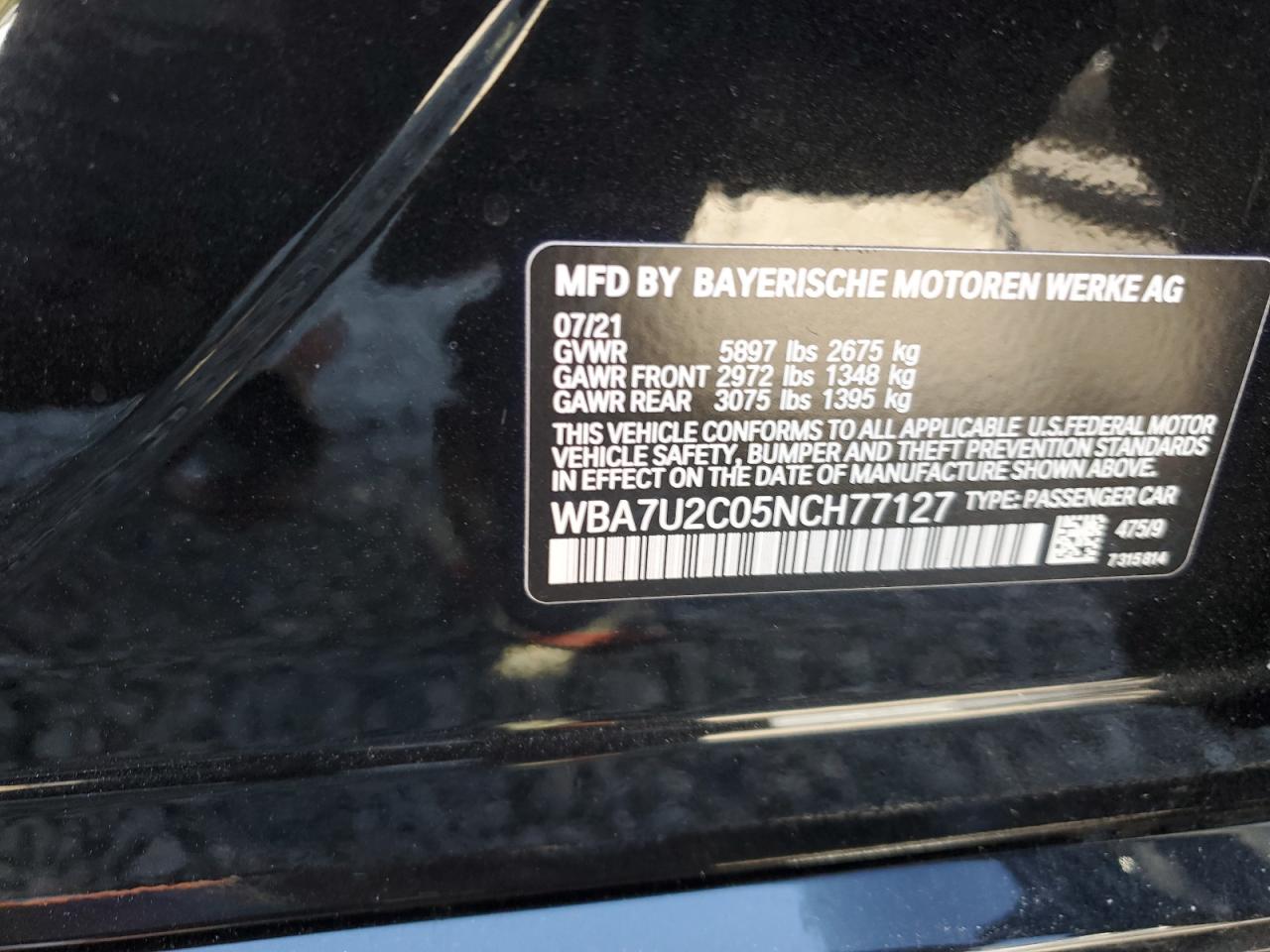 2022 BMW 750 XI VIN:WBA7U2C05NCH77127