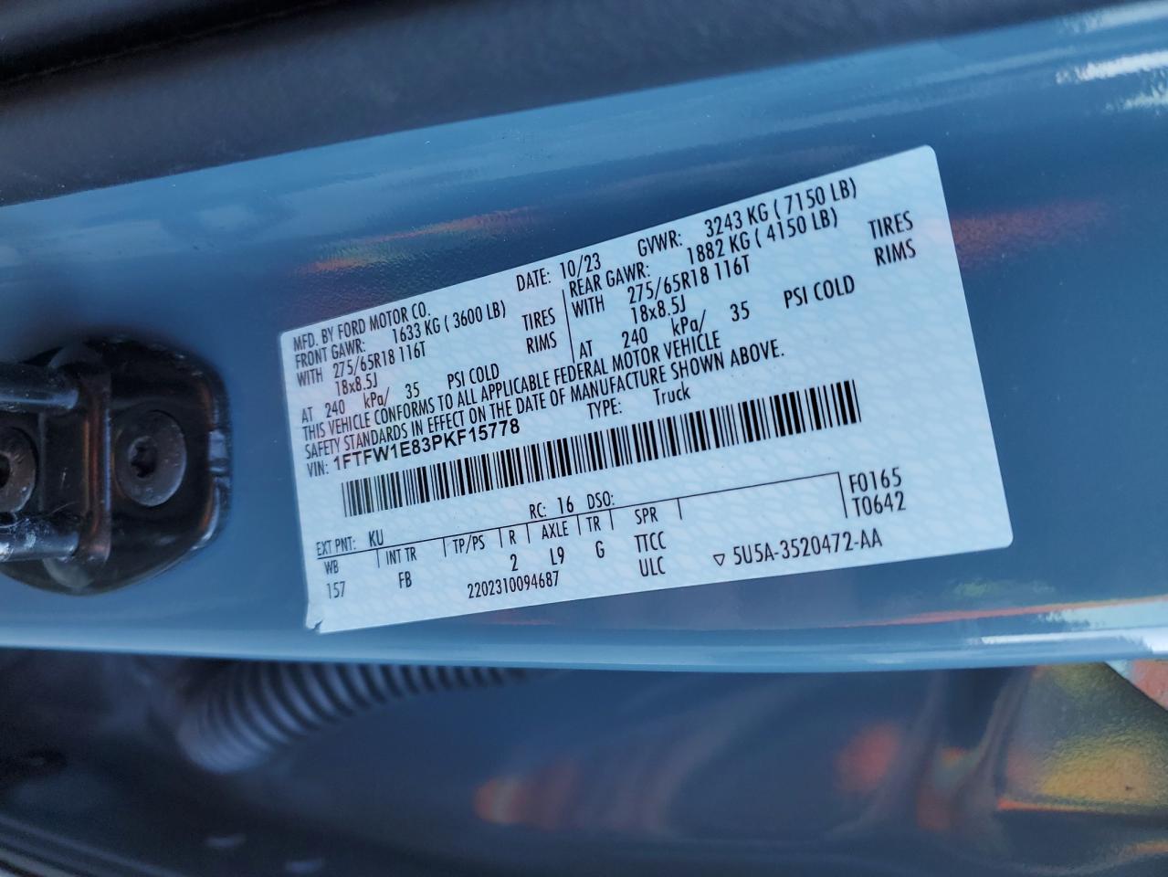 2023 FORD F150 SUPERCREW VIN:1FTFW1E83PKF15778