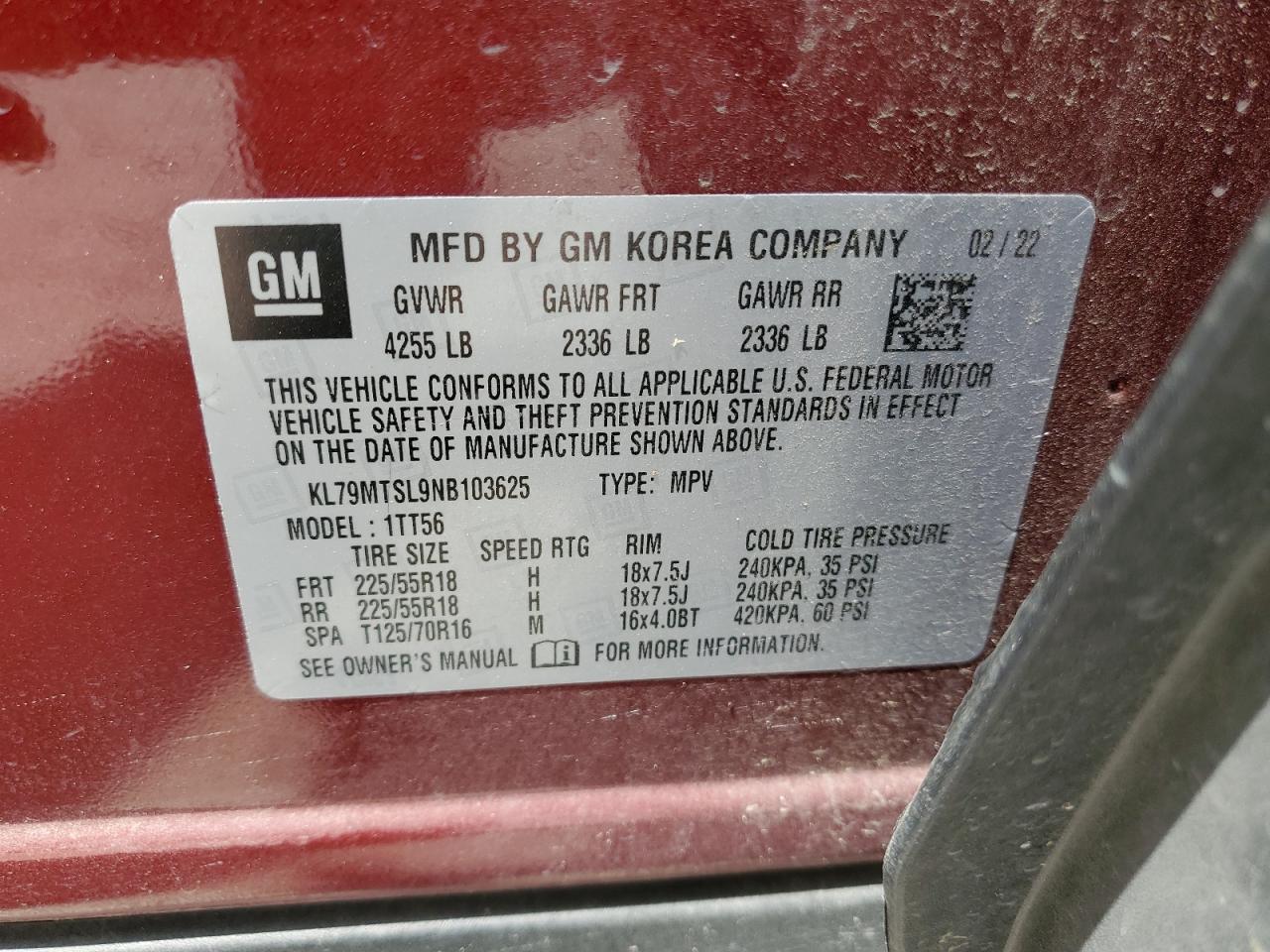 2022 CHEVROLET TRAILBLAZER RS VIN:KL79MTSL9NB103625