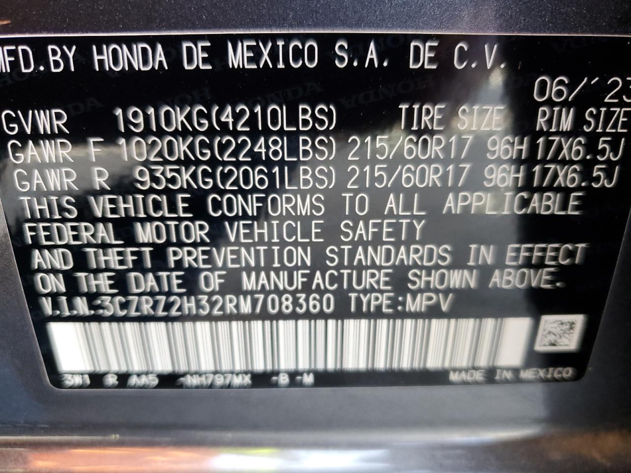 2024 HONDA HR-V LX VIN:3CZRZ2H32RM708360