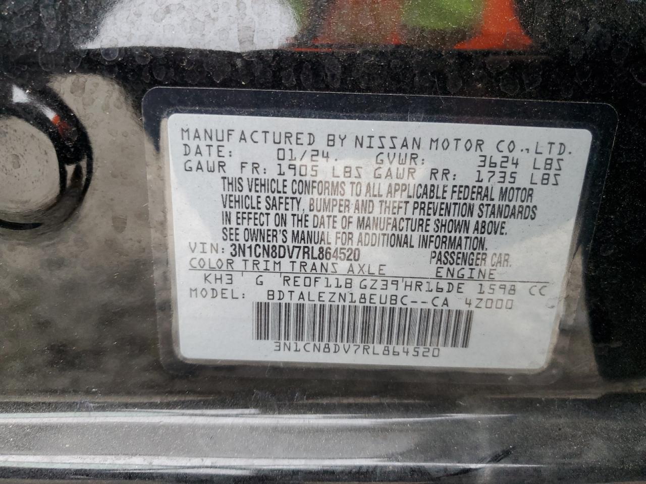 2024 NISSAN VERSA S VIN:3N1CN8DV7RL864520