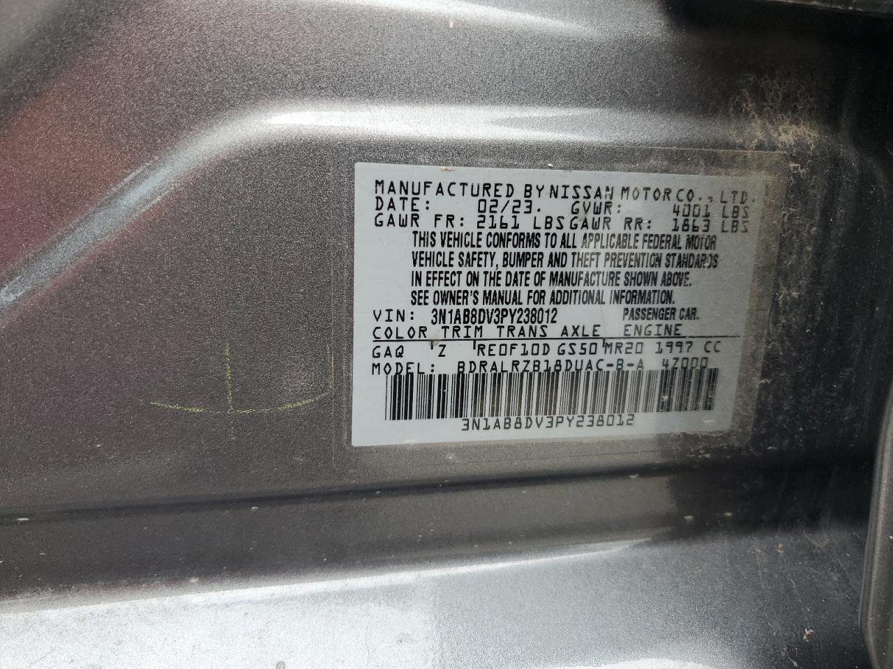 2023 NISSAN SENTRA SR VIN:3N1AB8DV3PY238012