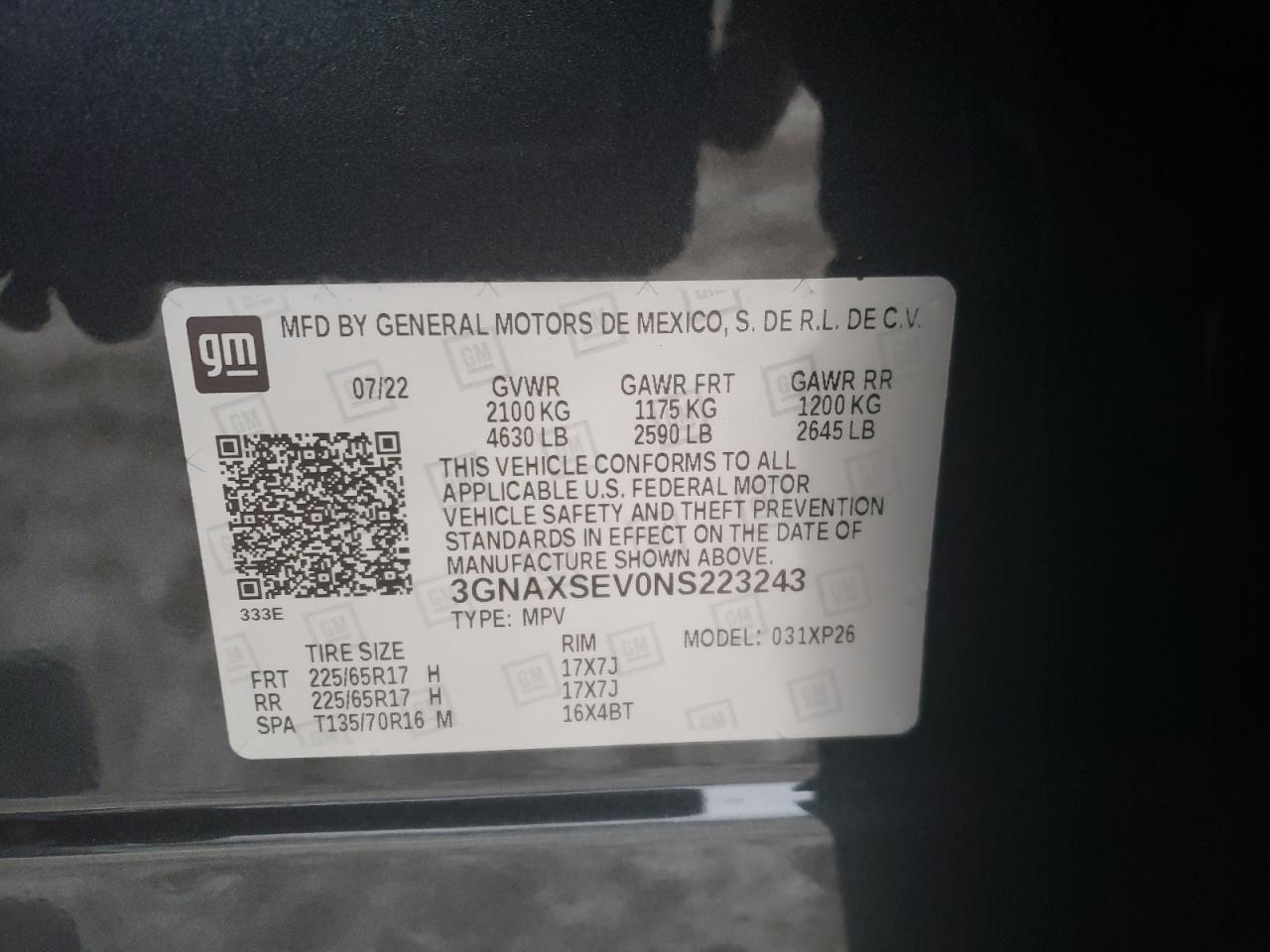 2022 CHEVROLET EQUINOX LS VIN:3KPA24AD4LE283490