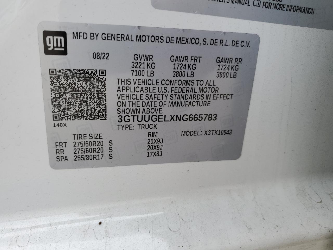 2022 GMC SIERRA K1500 DENALI VIN:3GTUUGELXNG665783