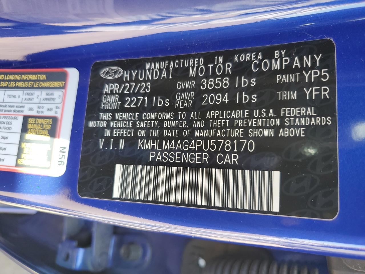 2023 HYUNDAI ELANTRA SEL VIN:KMHLM4AG4PU578170