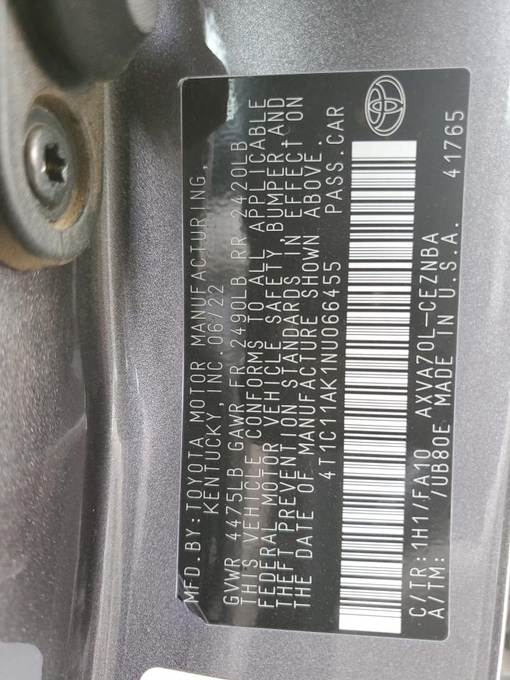 2022 TOYOTA CAMRY LE VIN:4T1C11AK1NU066455