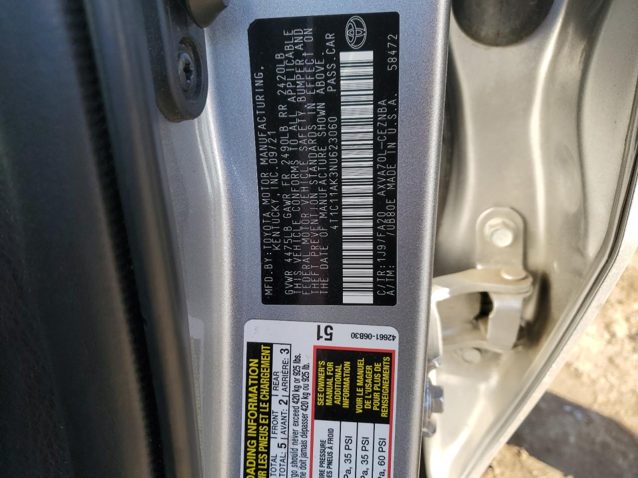 2022 TOYOTA CAMRY LE VIN:4T1C11AK3NU623060