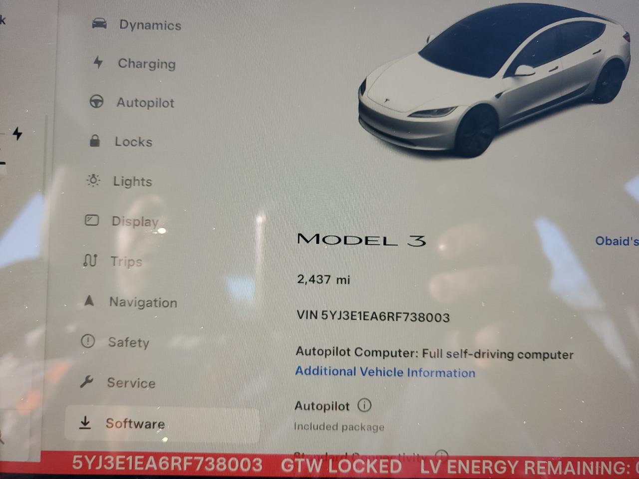 2024 TESLA MODEL 3  VIN:5YJ3E1EA6RF738003