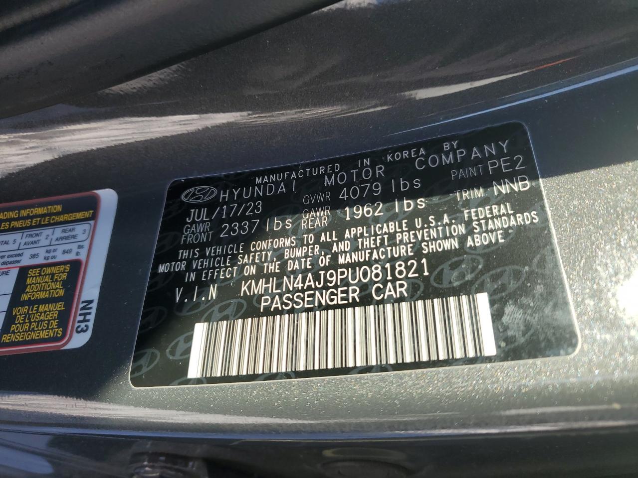 2023 HYUNDAI ELANTRA LIMITED VIN:KMHLN4AJ9PU081821