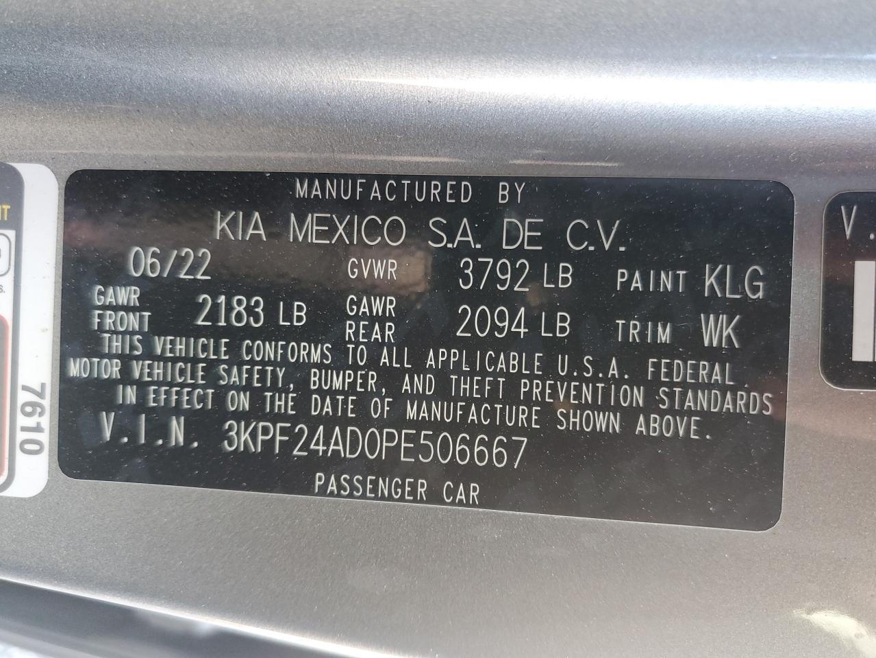 2023 KIA FORTE LX VIN:3KPF24AD0PE506667