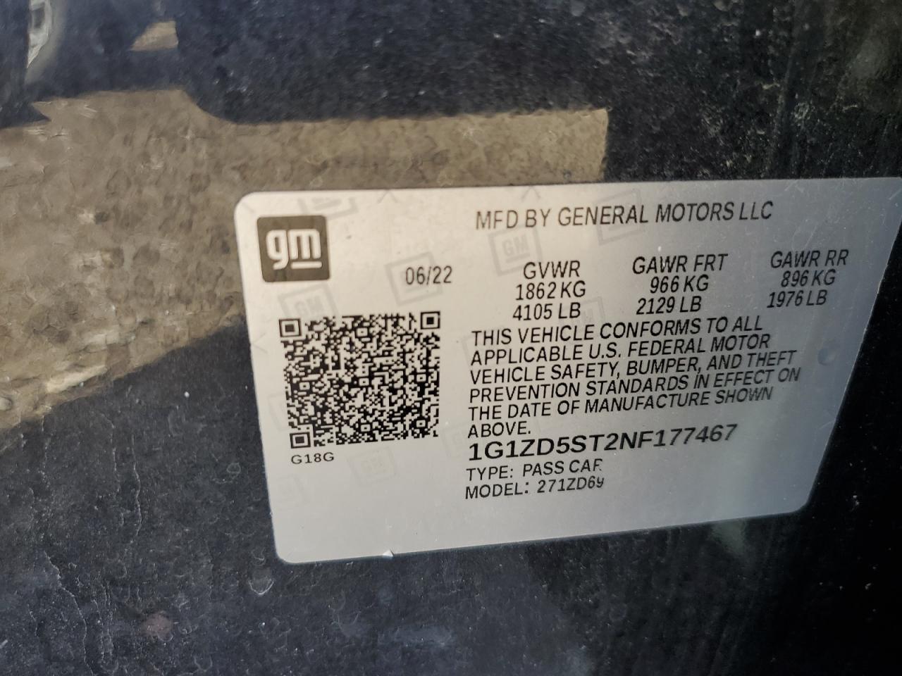 2022 CHEVROLET MALIBU LT VIN:1G1ZD5ST2NF177467