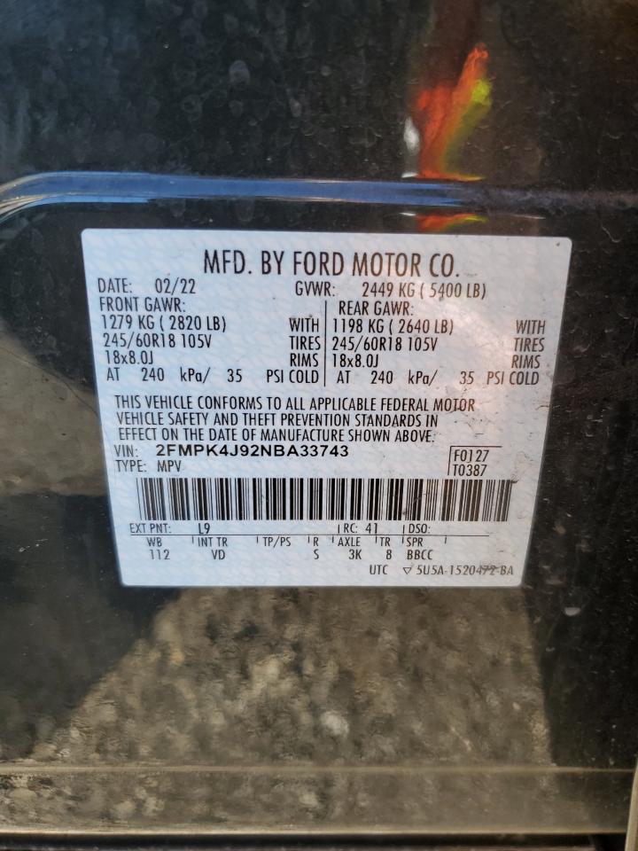 2022 FORD EDGE SEL VIN:2FMPK4J92NBA33743
