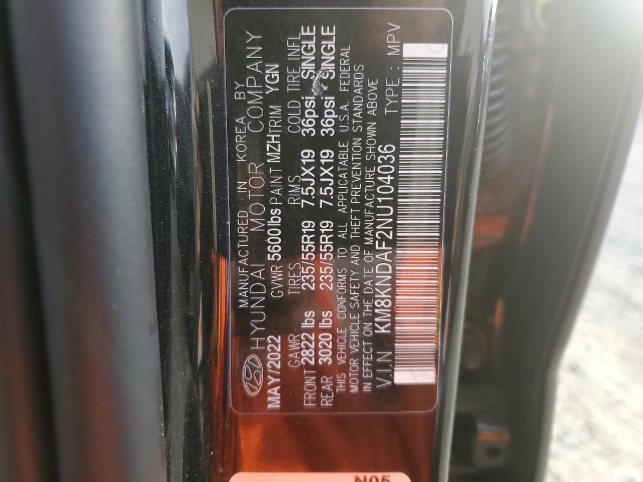 2022 HYUNDAI IONIQ 5 SEL VIN:KM8KNDAF2NU104036