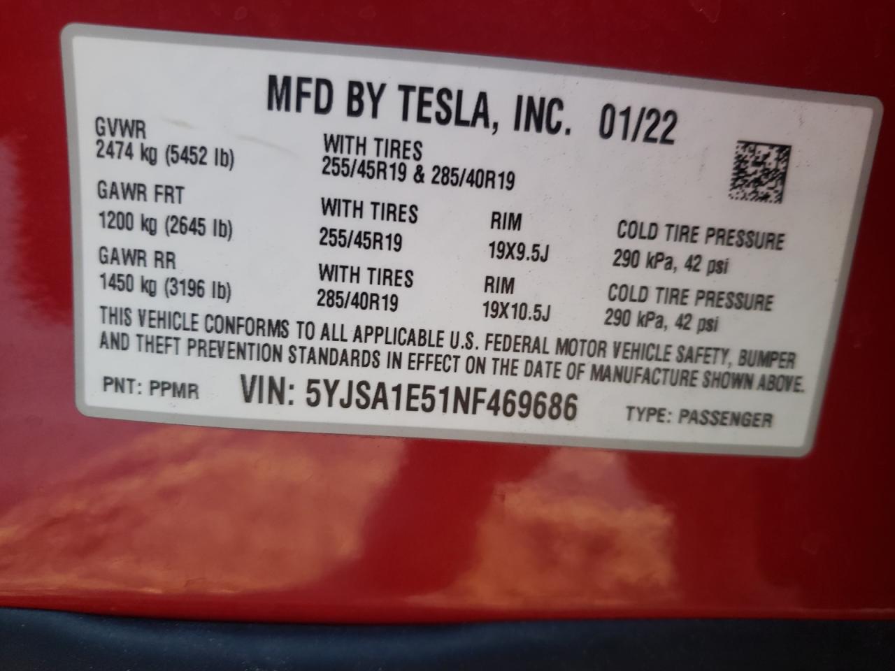 2022 TESLA MODEL S  VIN:5YJSA1E51NF469686