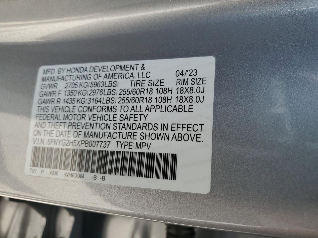 2023 HONDA PILOT EXL VIN:5FNYG2H5XPB007737