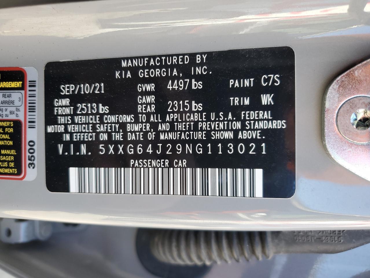 2022 KIA K5 GT LINE VIN:5XXG64J29NG113021