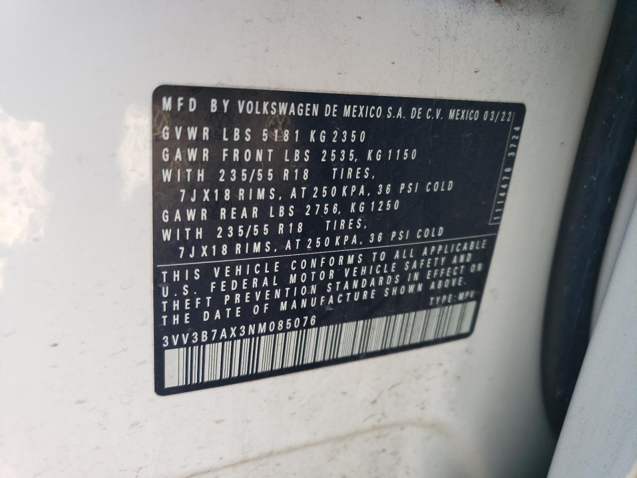 2022 VOLKSWAGEN TIGUAN SE VIN:3VV3B7AX3NM085076