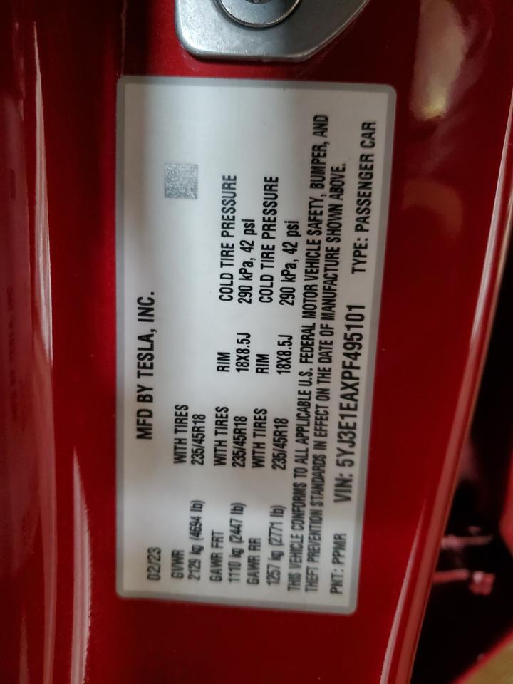 2023 TESLA MODEL 3  VIN:5YJ3E1EAXPF495101