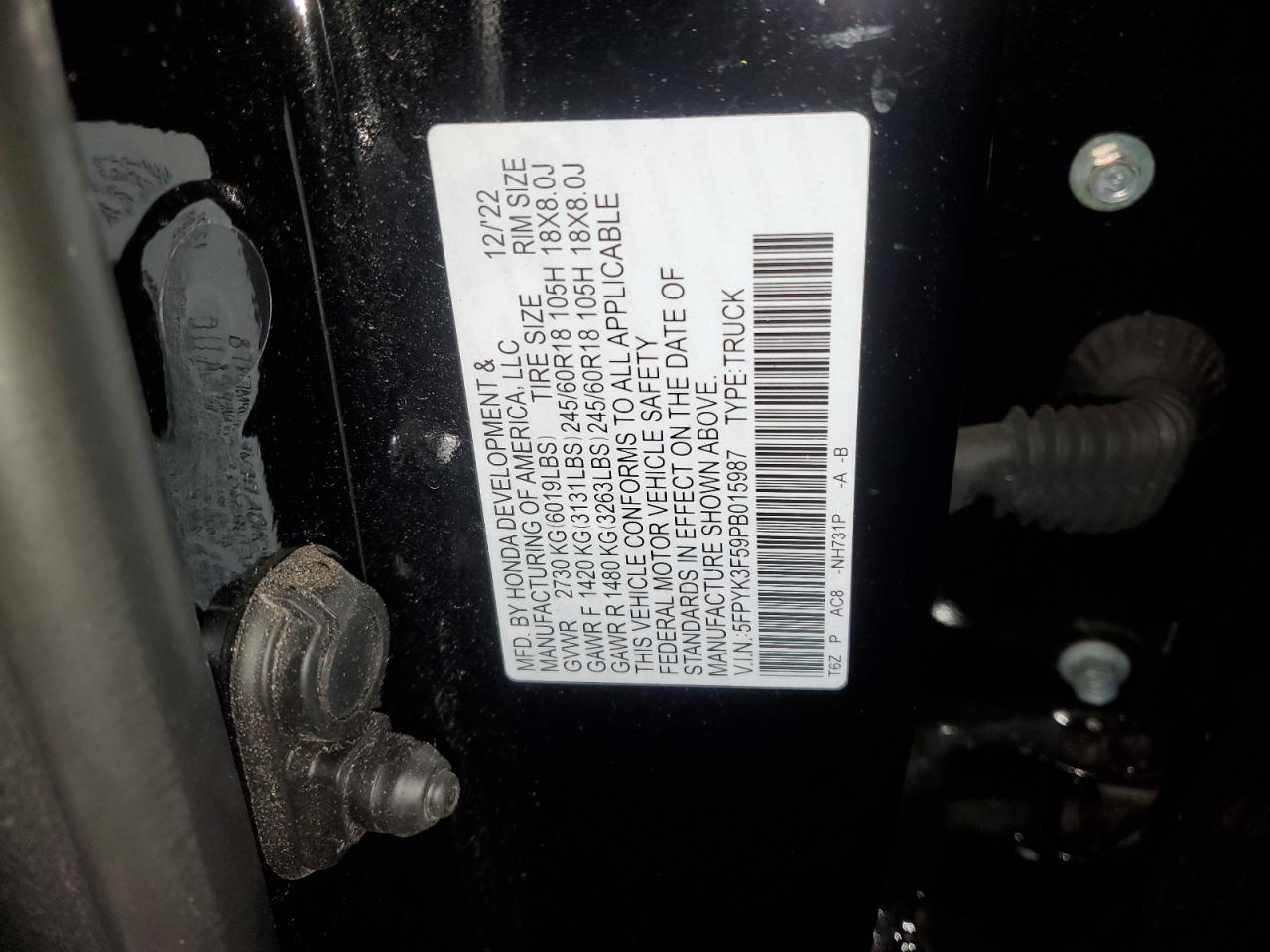 2023 HONDA RIDGELINE RTL VIN:5FPYK3F59PB015987