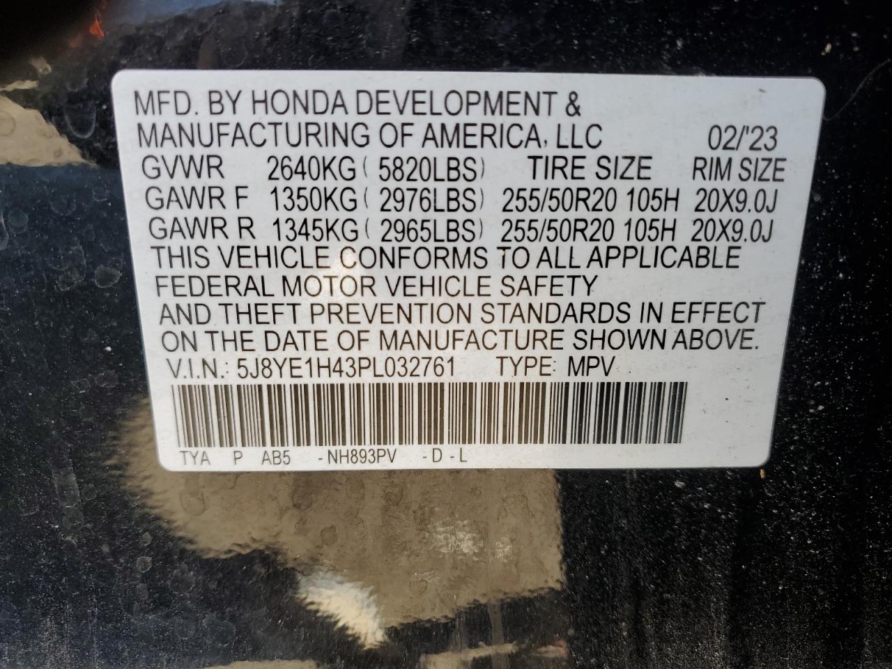 2023 ACURA MDX TECHNOLOGY VIN:5J8YE1H43PL032761