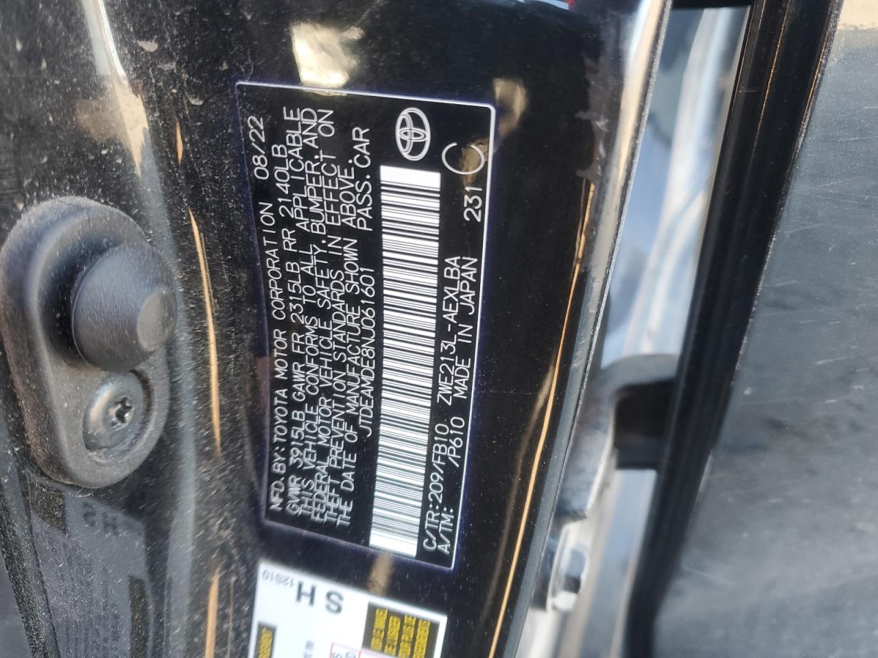 2022 TOYOTA COROLLA LE VIN:JTDEAMDE8NJ061601