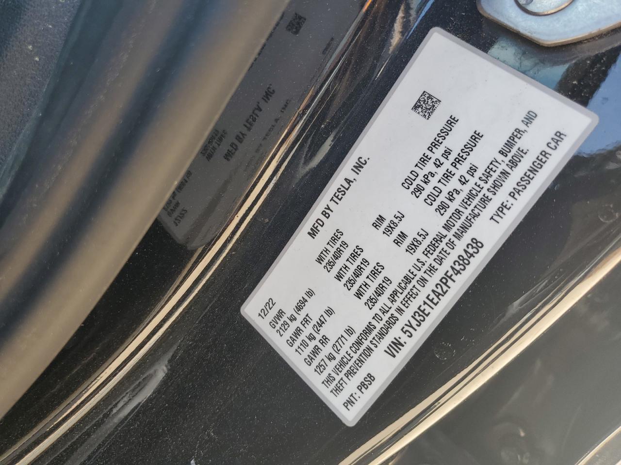 2023 TESLA MODEL 3  VIN:5YJ3E1EA2PF438438