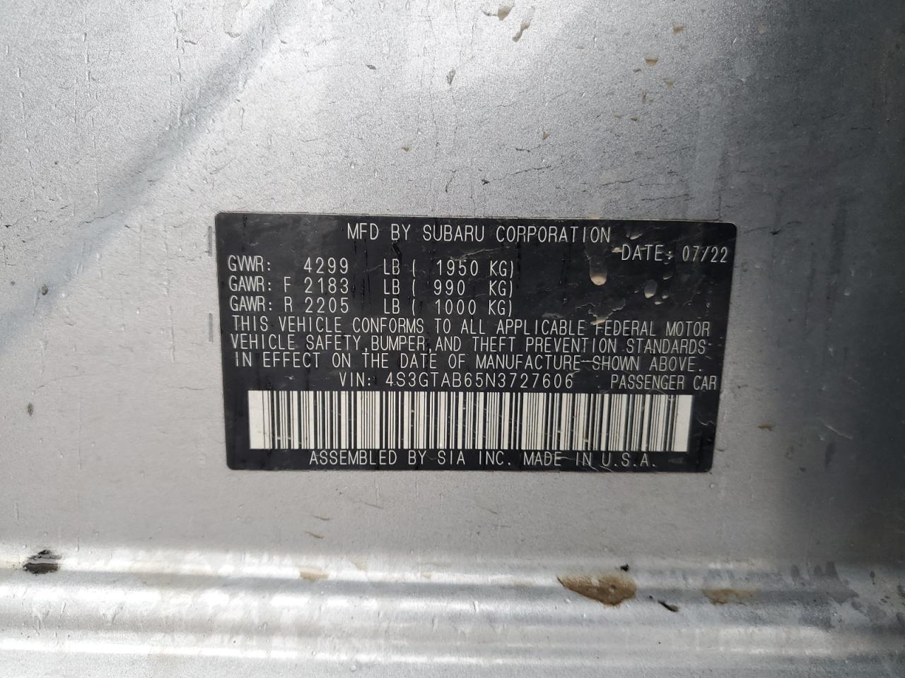 2022 SUBARU IMPREZA  VIN:4S3GTAB65N3727606